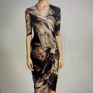Helmut Lang Drift Print Wool Blend Ruched Dress in Bronze - Size Small